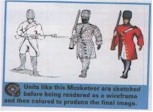 Units like this Musketeer are sketched before being rendered as a wireframe and then coloured to produce the final image.